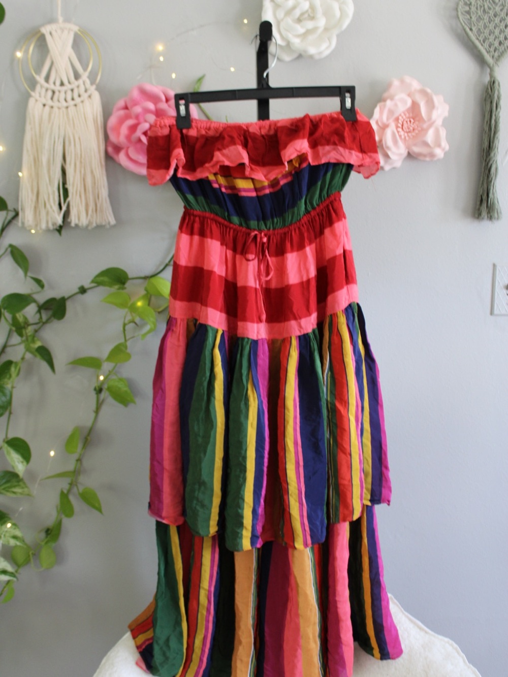 FARM Rio Rainbow Stripe Off-Shoulder Tiered Maxi Dress XS